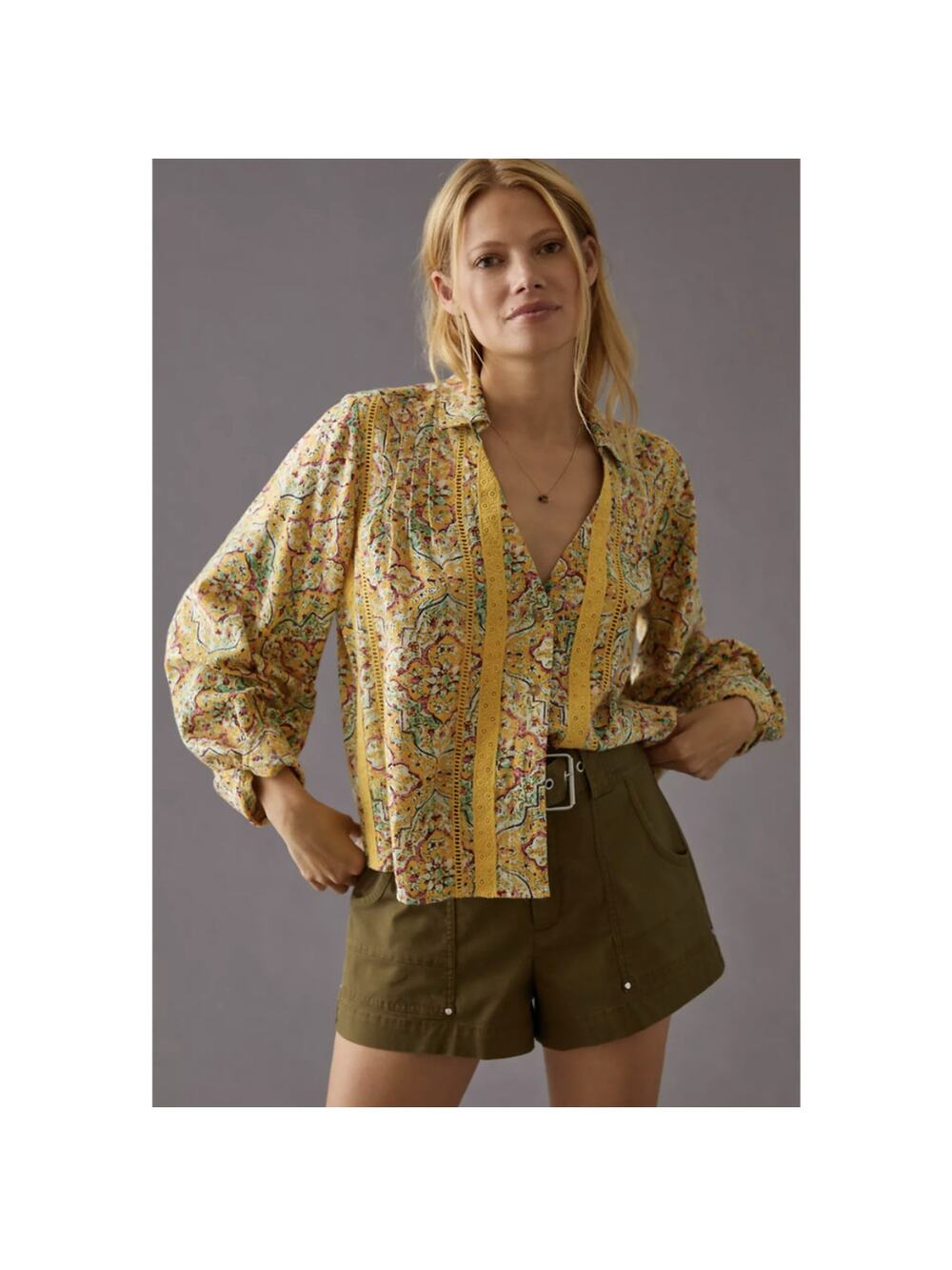 Anthropologie Pilcro Peasant Collared Lace Trim Blouse Top yellow tile print